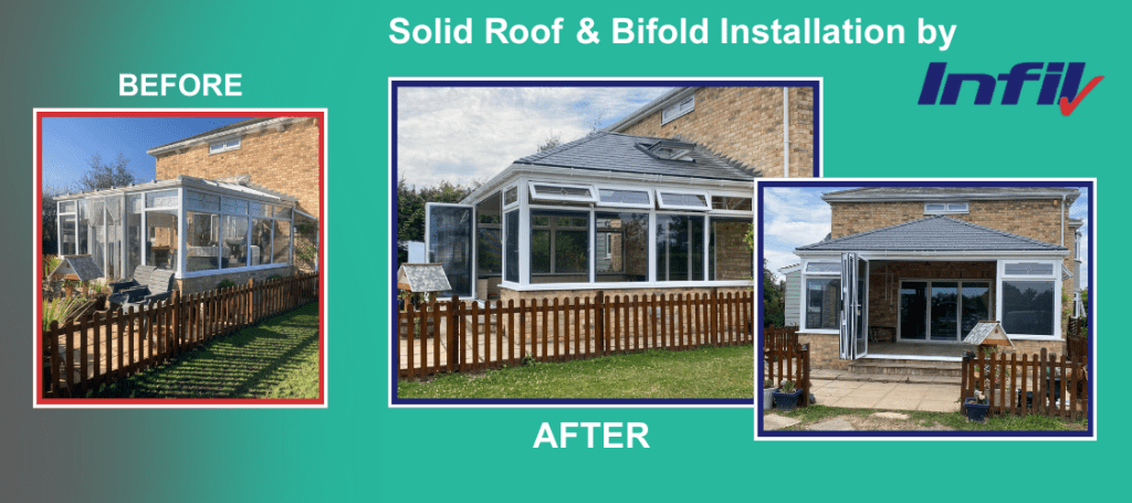 Solid warm roof replacement with Velux skylight & new bifolds doors